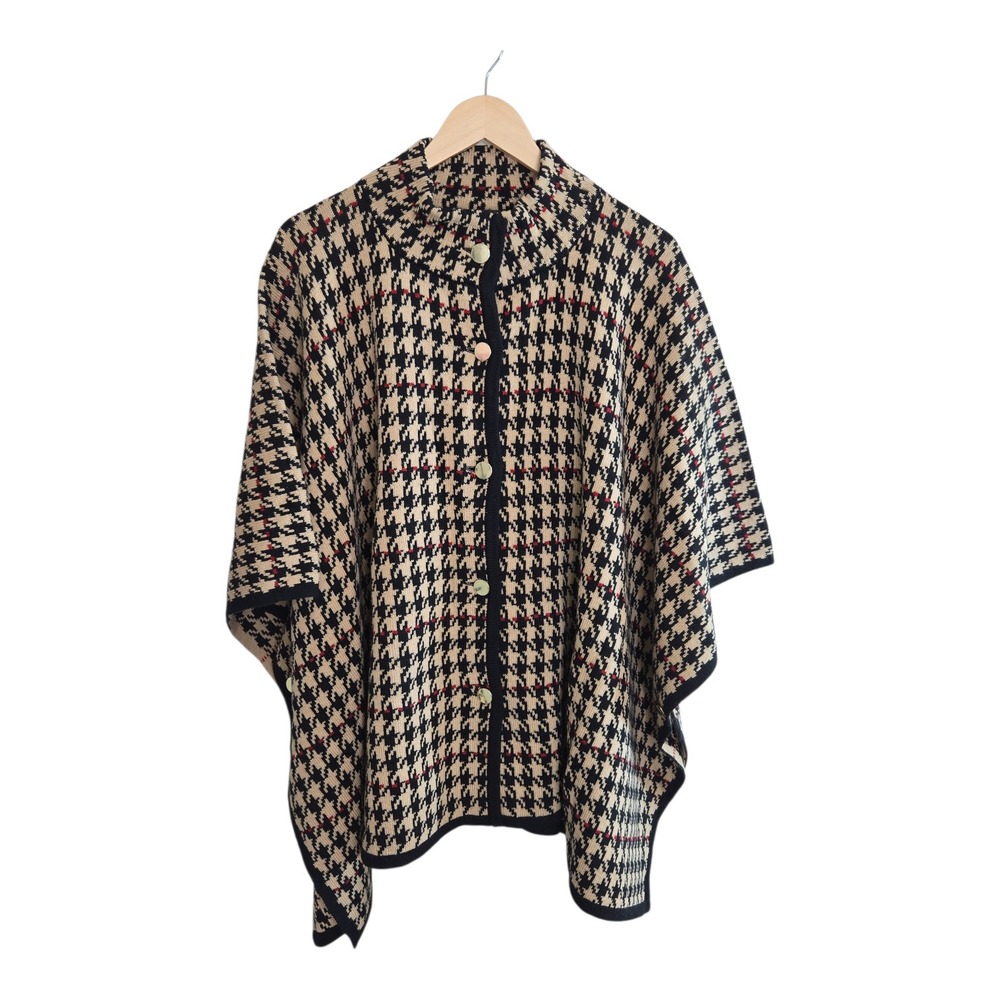 BLACK LABEL‎ by EVAN PICONE Houndstooth Knit Poncho Shawl Women XL Beige Red